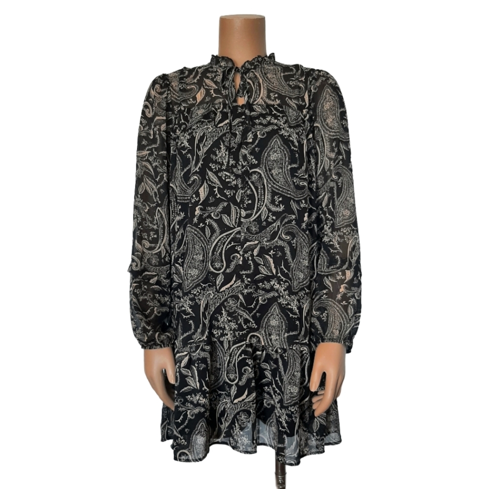ZARA Black Flowy Paisley Print Boho Long Sleeve Mini Dress - Size S